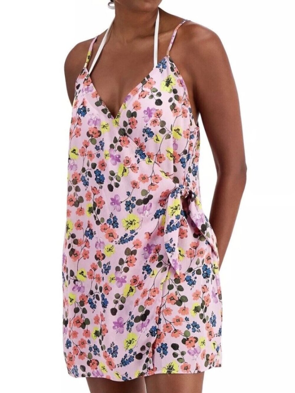 MIKEN Swim Cover up Tie Front Dress Tea Rose Orchid Print Beachy Size M NWT